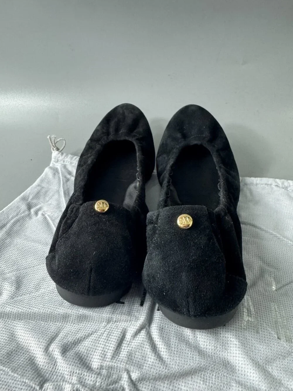 Stuart Weitzman Gabby Scrunch Black Suede Leather Ballet Flats Women's Size 7.5
